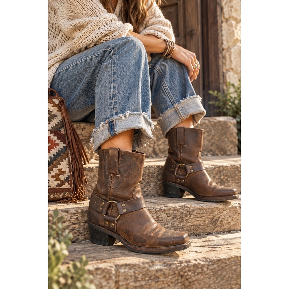 Frye Harness 8R Boots Women's 7.5 Brown Leather USA Made Moto Biker Western